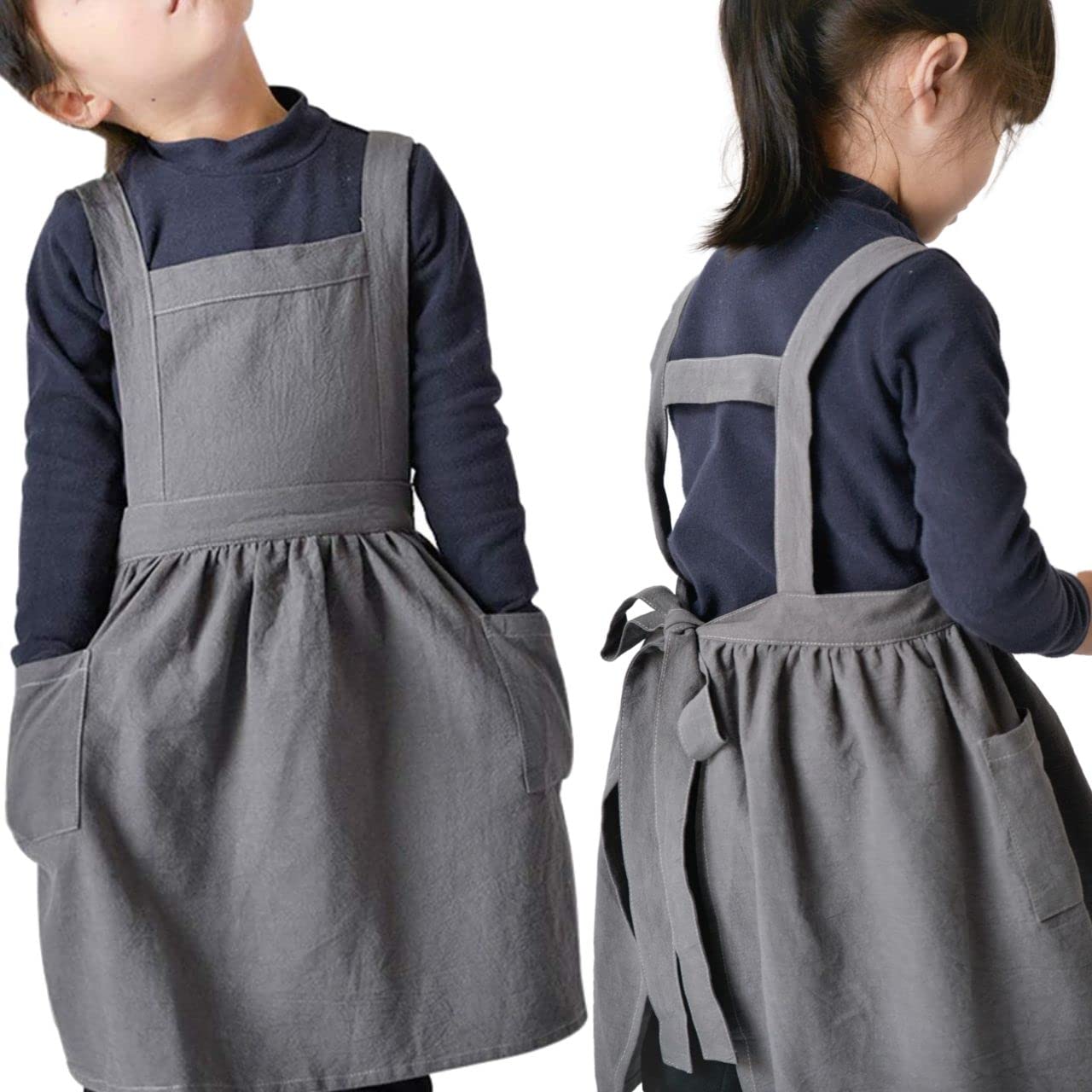 エプロン こども 女の子 無地でおしゃれなエプロン 親子でお揃い ナチュラルなコットンリネン素材 子供 かわいい エプロン オンライン通販