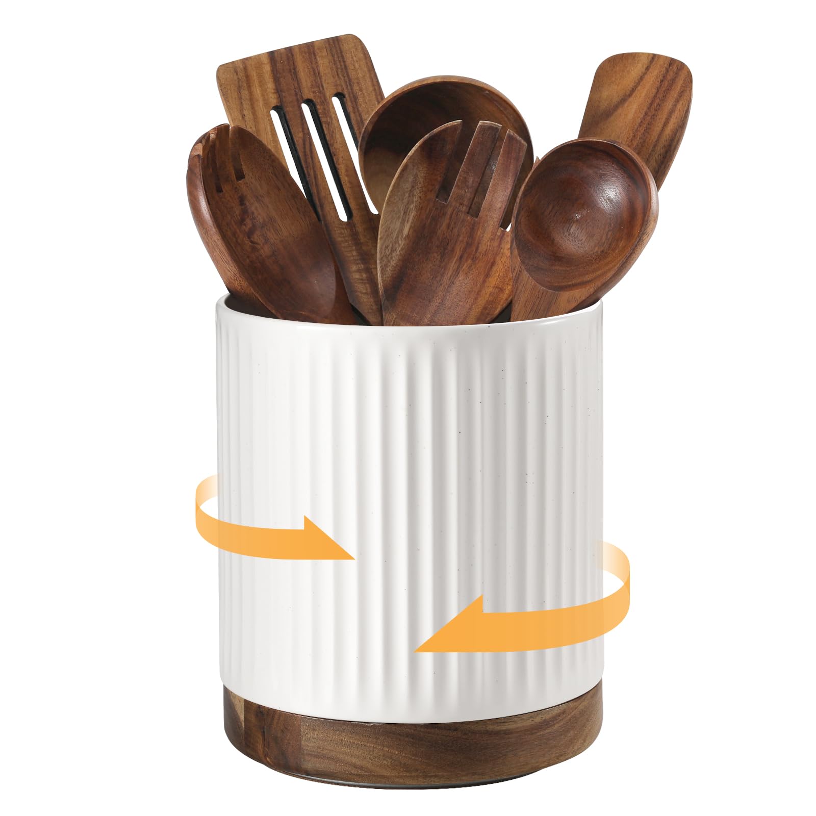 DOWAN Porte-ustensiles de cuisine rotatif en céramique, grand récipient pour ustensiles de cuisine, grand récipient pour cuillères de cuisine, rangement d'ustensiles de cuisine, blanc avec relief