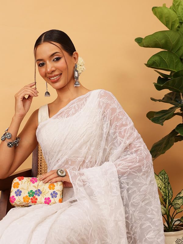 Image of Ada Hand Embroidered Lucknowi Chikankari Georgette Saree for Women with Unstitched Blouse Piece Tepchi Saree-3590