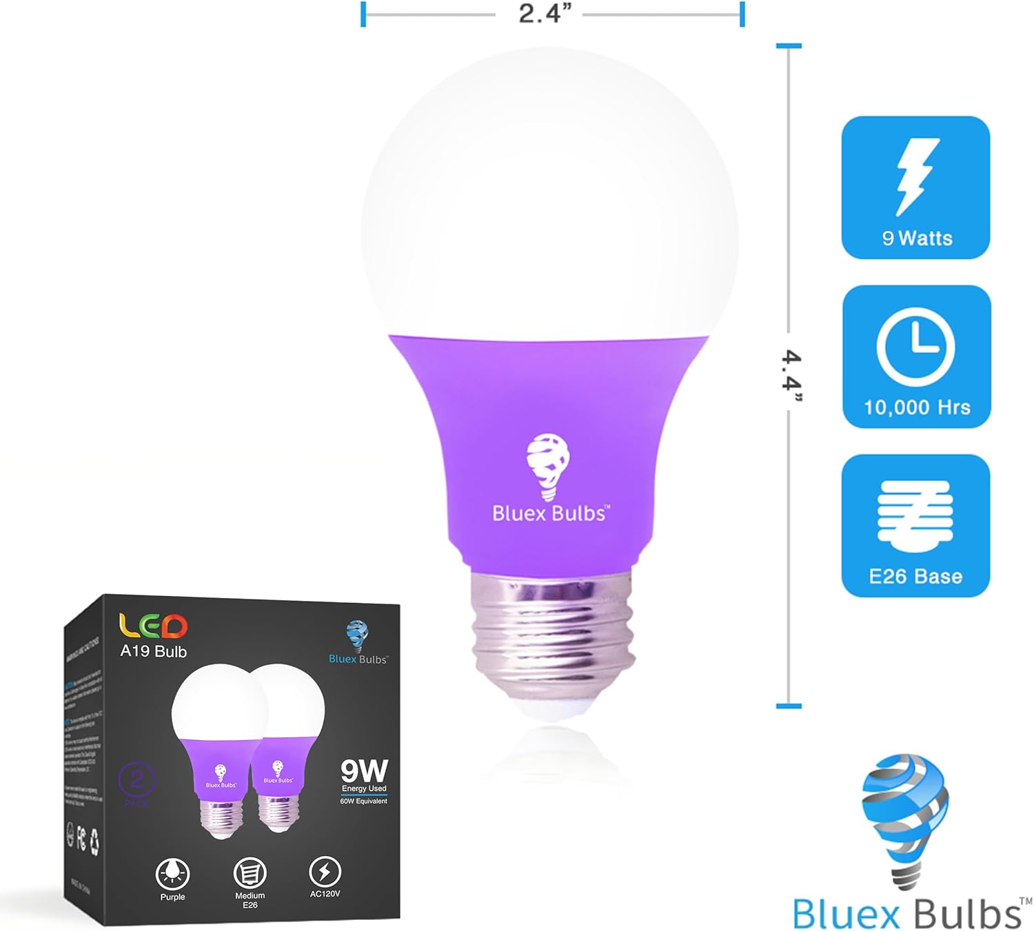 BlueX Bulbs 2 Pack LED A19 Purple Light Bulb - 9W (60Watt Equivalent) - E26 Base LED Bulb, Party Decoration, Porch, Home Lighting, Holiday Lighting, Non-Dimmable.