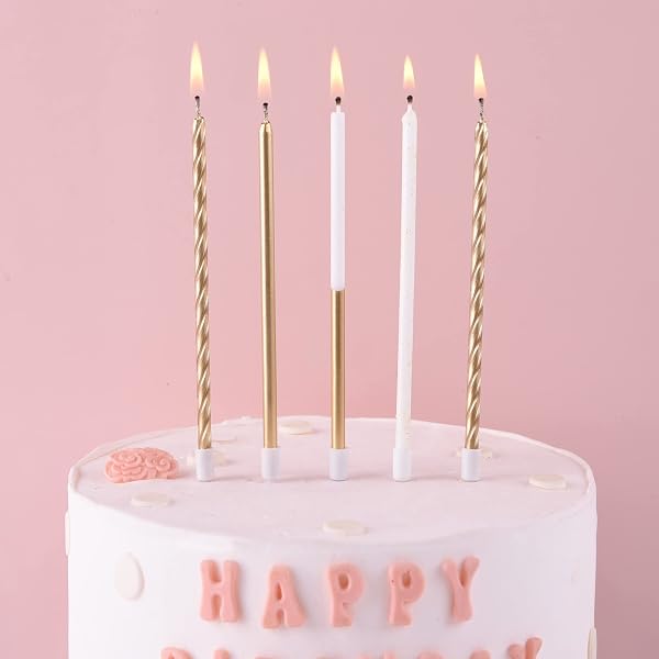 Close-up of the tapered gold metallic birthday candle, showcasing its elegant spiral pattern and integrated holder.