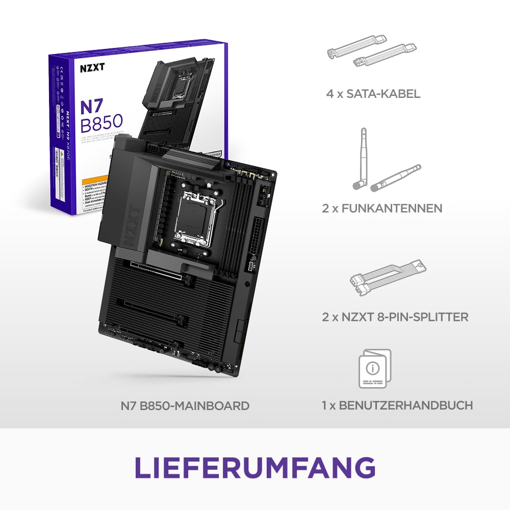 NZXT N7 B850 - AMD B850 AM5 ATX Mainboard - Schwarz | AMD-B850-ATX-Mainboard für Ryzen 9000/8000/7000. Wi-Fi, PCIe 5.0, DDR5 und RGB-Full-Cover. Mittelklasse-Power, cleaner Look.