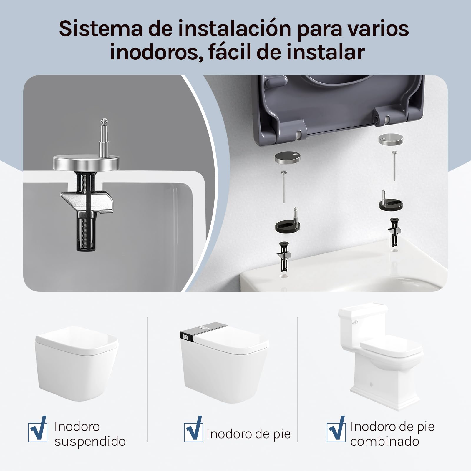 WOLTU Tapa de inodoro con descenso automático, asiento de inodoro rectangular, de termoplástico, liberación rápida para facilitar la limpieza, con bisagras ajustables, soporta hasta 175 kg, color azul
