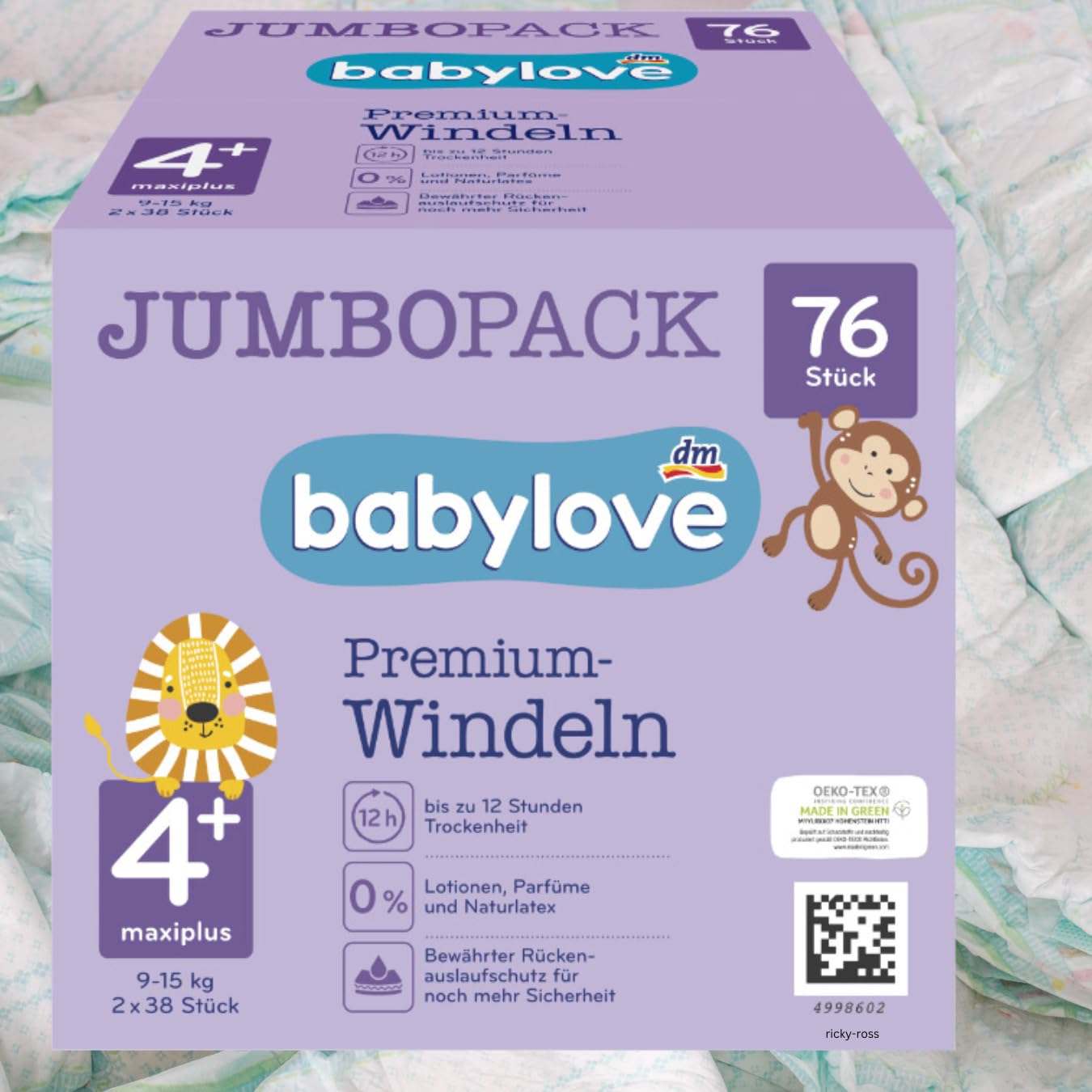 babylove Windeln Premium aktiv plus Größe 4+, maxiplus 9-20kg, Jumbo Pack 2x38 Stück, 76 St