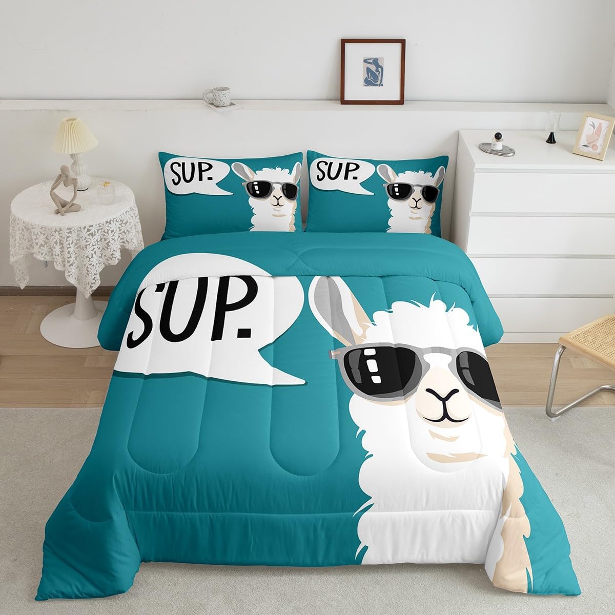 Feelyou Cute Llama Comforter Set Kids Cartoon Llama Alpaca Comforter Set Boys Girls Decor Animal Comforter South American Animals Print Duvet Set Quilt Twin Size Boys with 1 Pillow Case