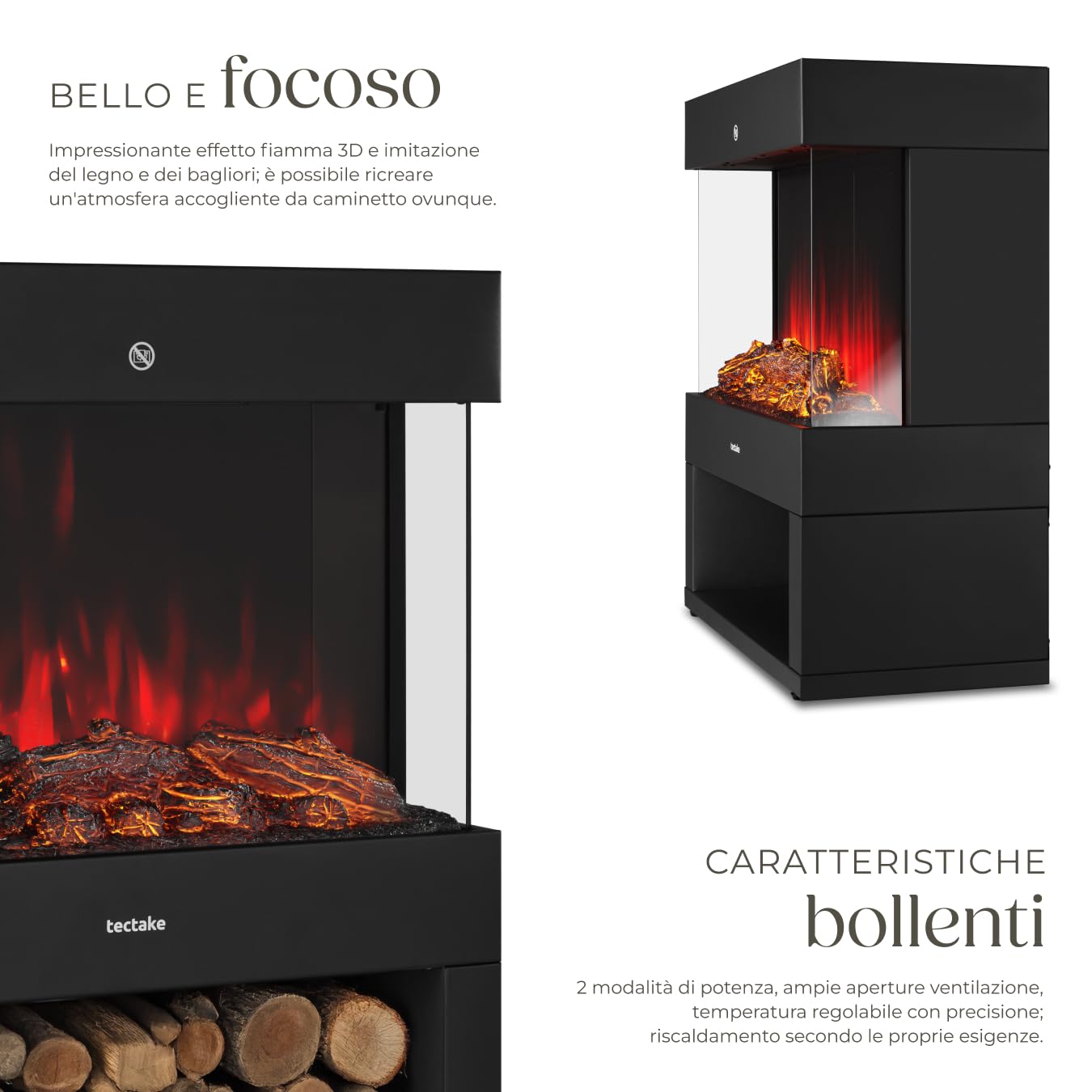 tectake® Caminetto elettrico da terra, 60 x 73,5 x 33 cm, Camino Elettrico da pavimento, 2 livelli di calore 900/1800 W, termostato, effetto fiamma fuoco finto 3D, riscaldamento Casa, Stufa Elettrica