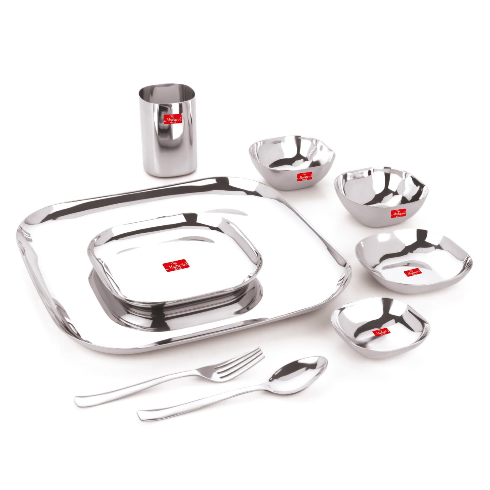 Square Stainless Steel Silver Mirror Polish Dinnerware Set with 1 Full Plate, 1 Quarter Plate, 2 Sweet Dish, 2 Bowls, 1 Glass, 1 Spoon & 1 Fork - Set of 9