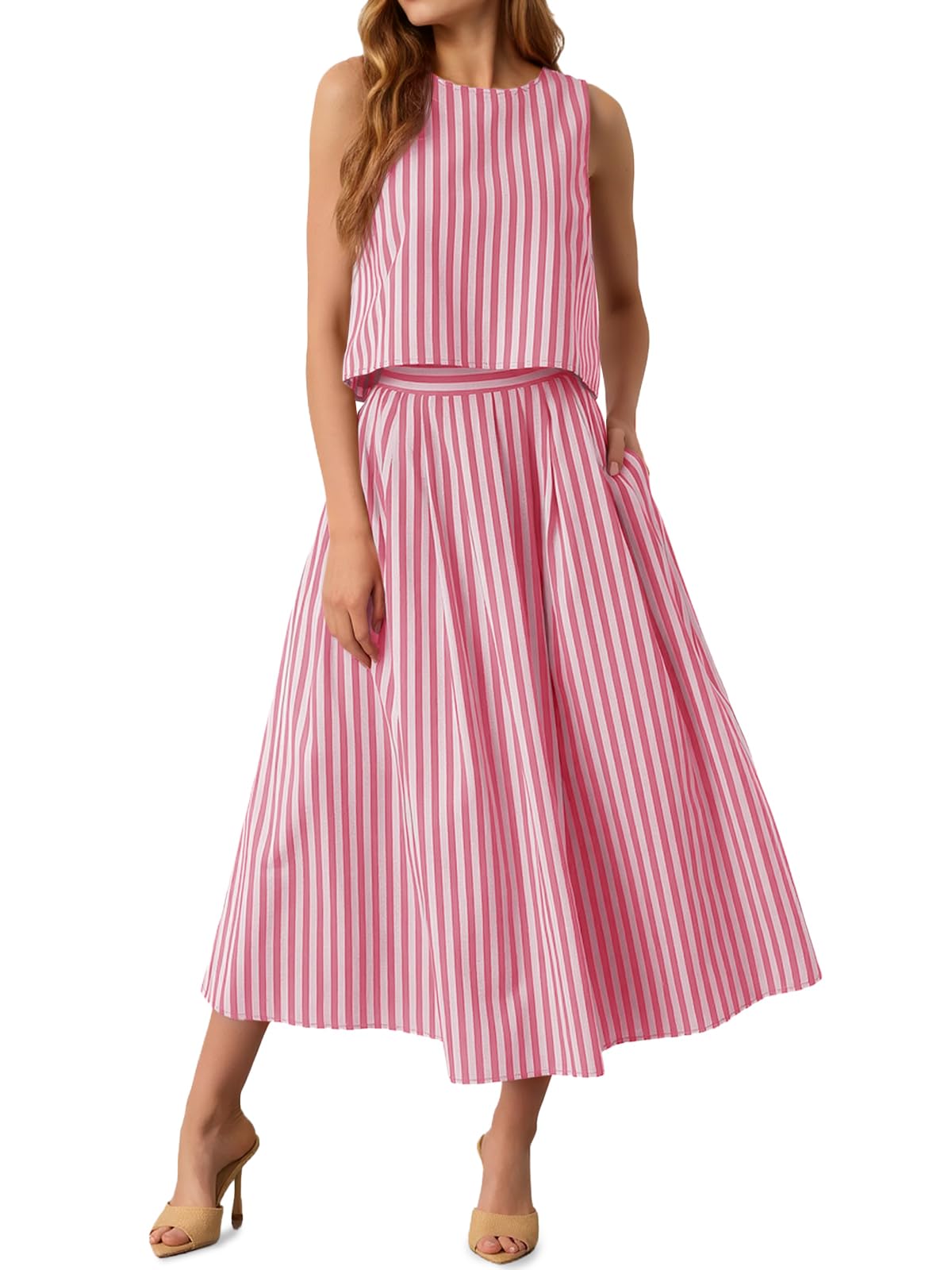 Tankaneo Womens 2 Piece Skirt Sets Summer Striped Tank Tops Midi Dress 2026