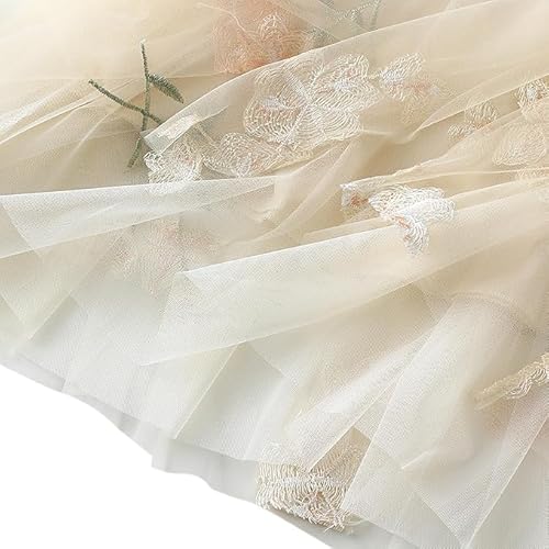 Women's Floral Embroidered Tulle Skirt Elastic High Waist Mesh Tutu A-Line Embroidery Midi Long Skirts (Beige)