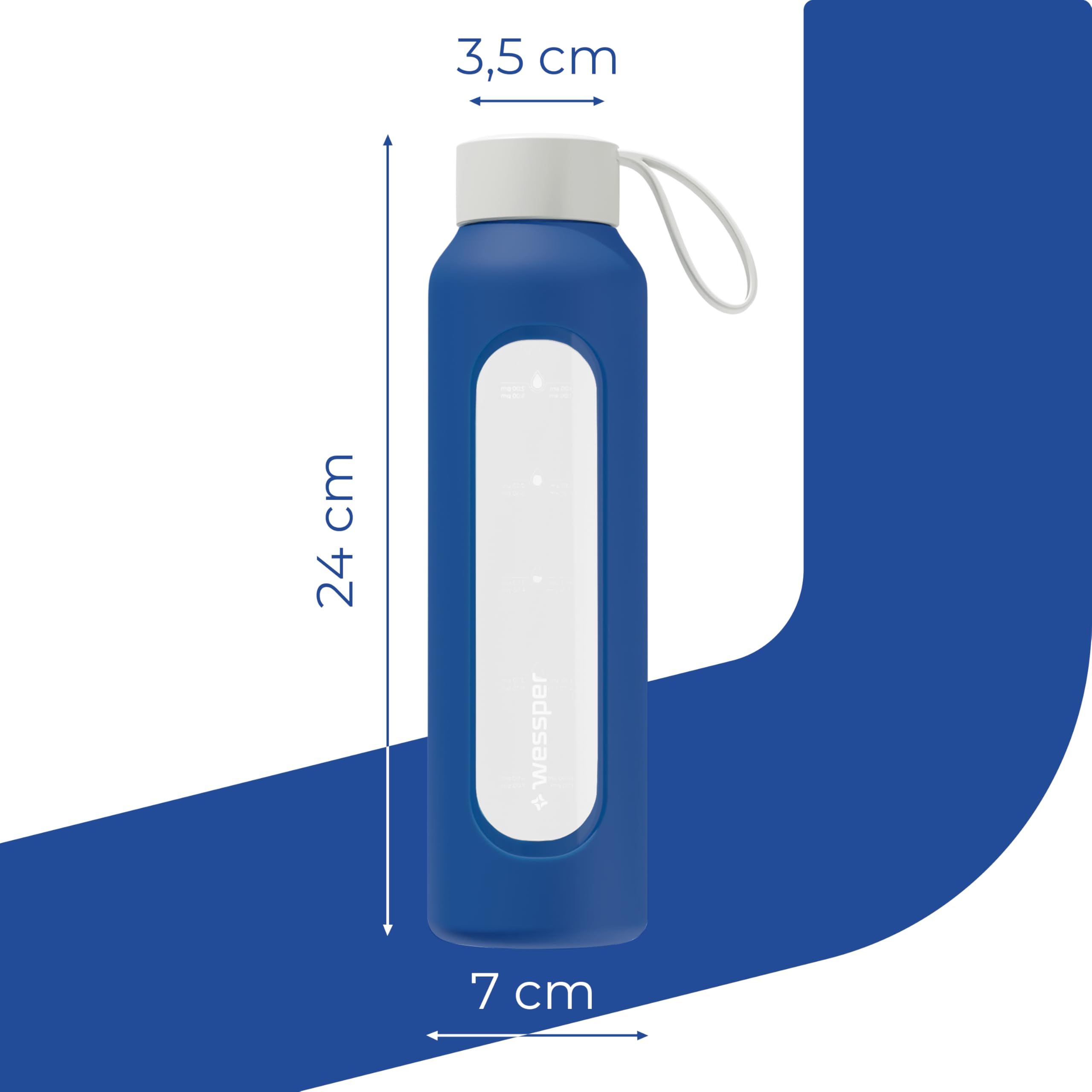 Wessper Borraccia 500 ml, bottiglia motivazionale con scala di idratazione, borraccia in vetro borosilicato con custodia in silicone, materiale sicuro senza BPA – Blu