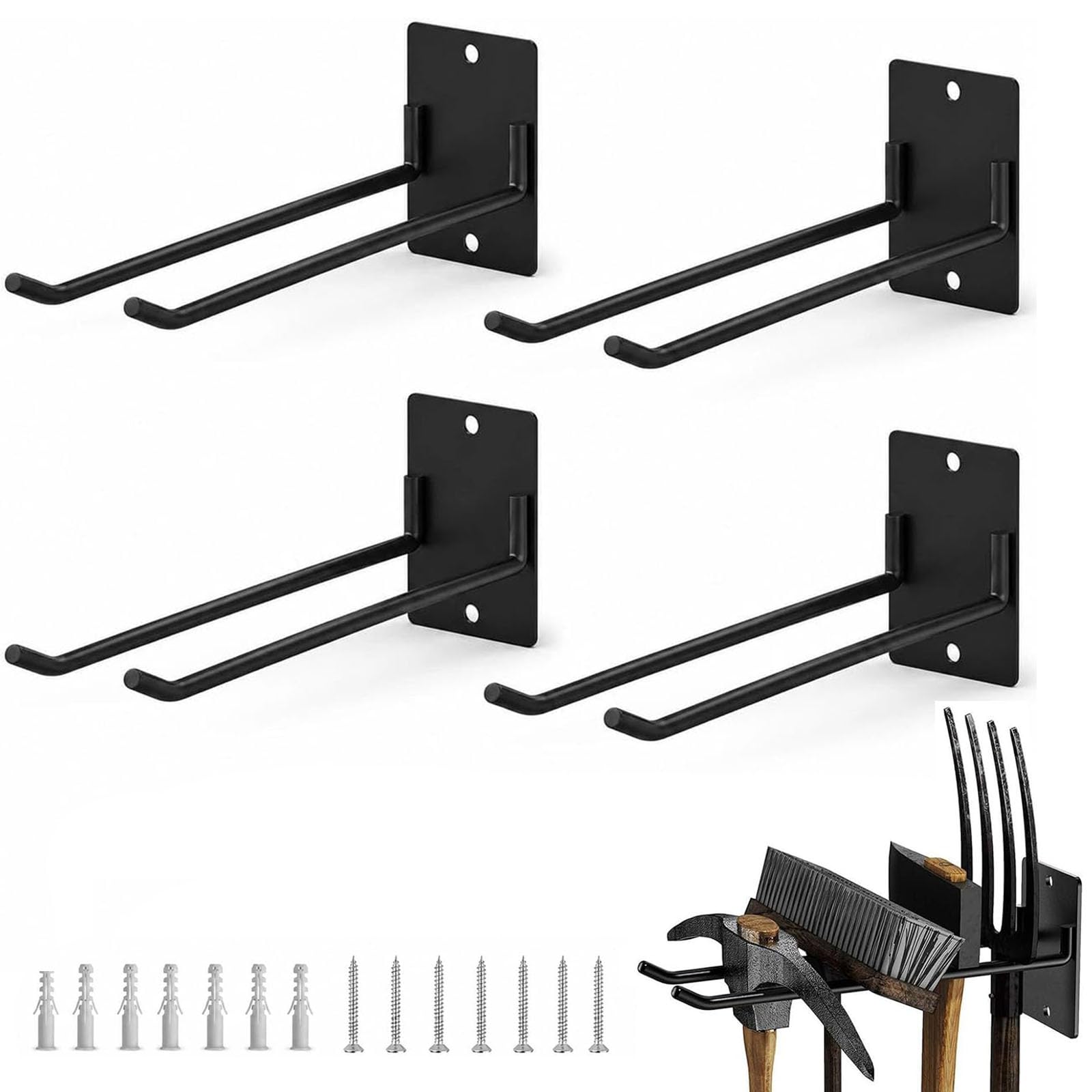 Plumaire 4 Pack Shed Hooks, Heavy‑Duty Metal Wall Mounted Tool Hooks, Garden Tool Storage for Shed Garage Workshop, Space‑Saving Storage for Shovels, Rakes, Brooms, Ladders, Garden Forks