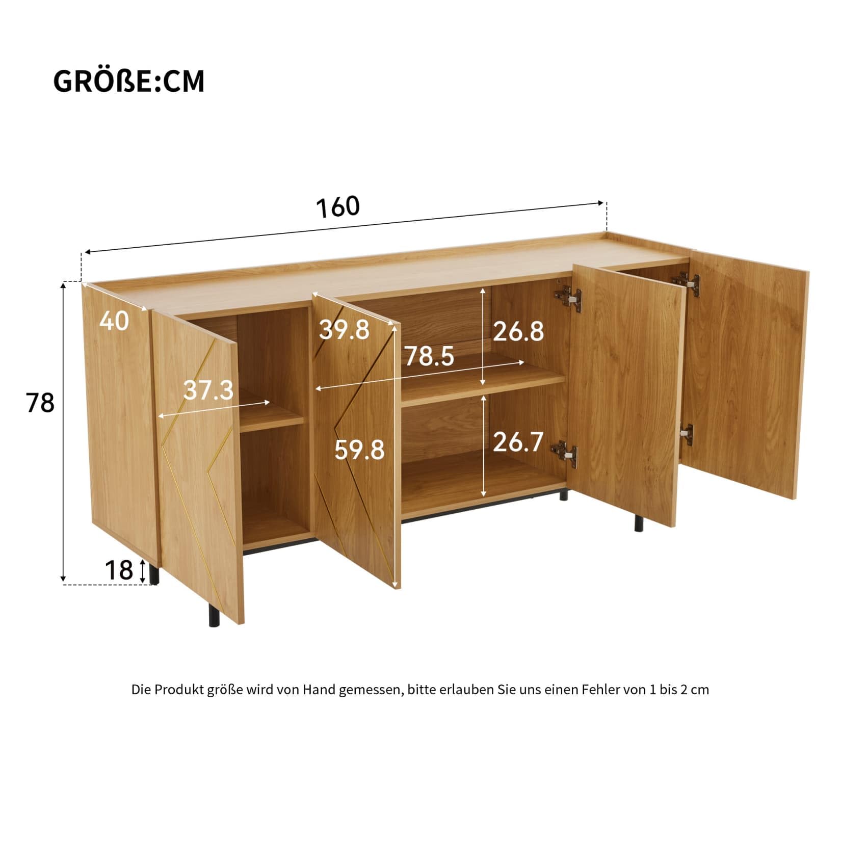PUGSDRLY Meuble de Rangement avec Étagères Réglables et 6 Grands Compartiments de Rangement,Meuble Cuisine Buffet Salon Commode avec Rayures Dorées,pour Cuisine,Salon,Chambre,Naturel (L160xl40xH78 cm)