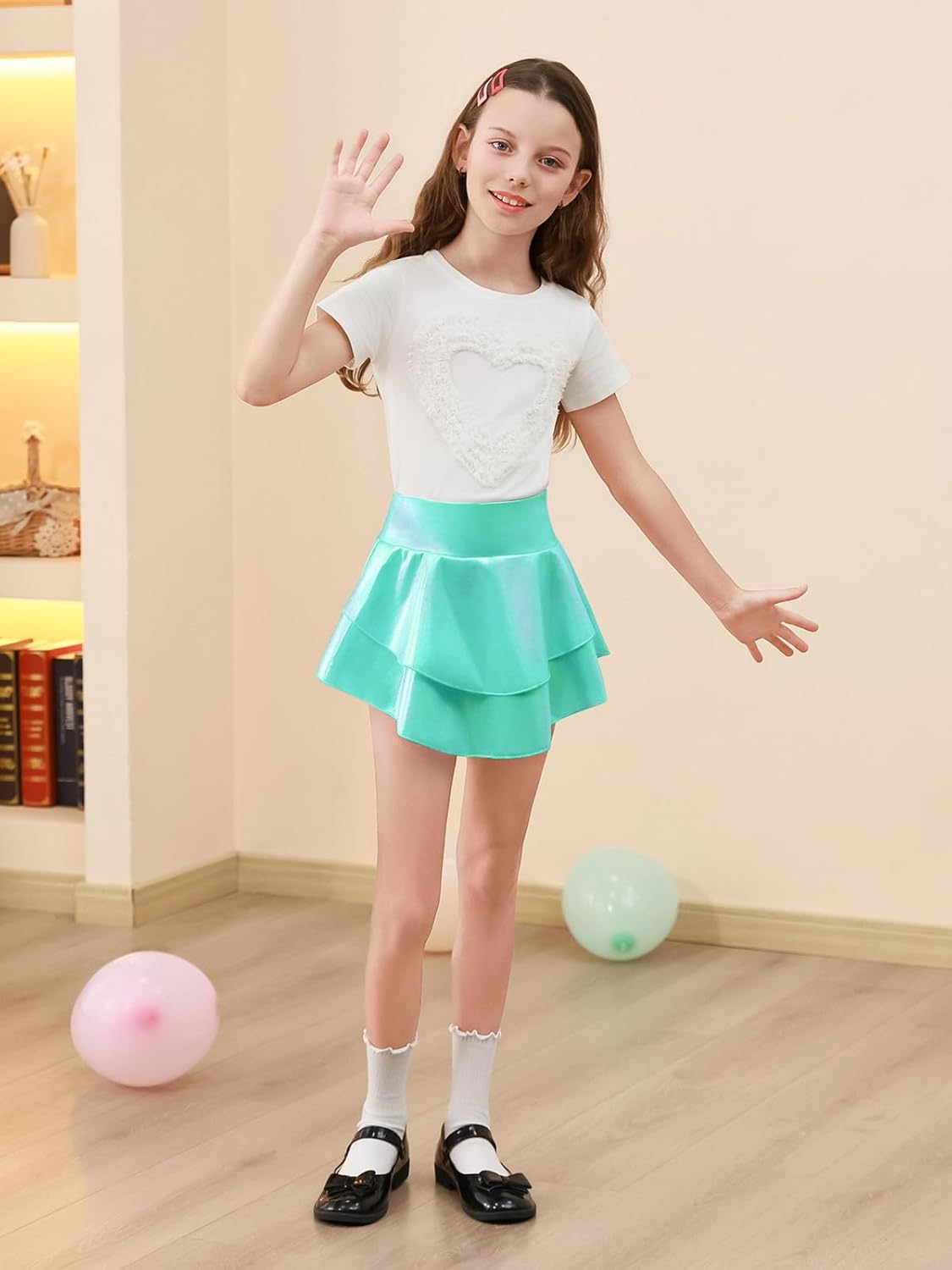 Haloumoning Girls Metallic Skater Skort Kids High Waisted Shiny Dance Scooter Skirt 4-14 Years - Image 4