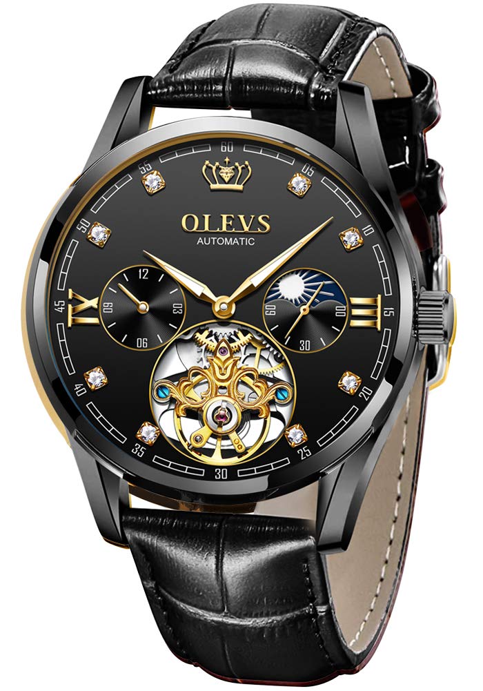 OLEVSOLEVS Mens Leather Watches Automatic Mechanical Skeleton Tourbillon Diamond Luxury Self Winding Dress Wrist Watches Moon Phase Waterproof Luminous