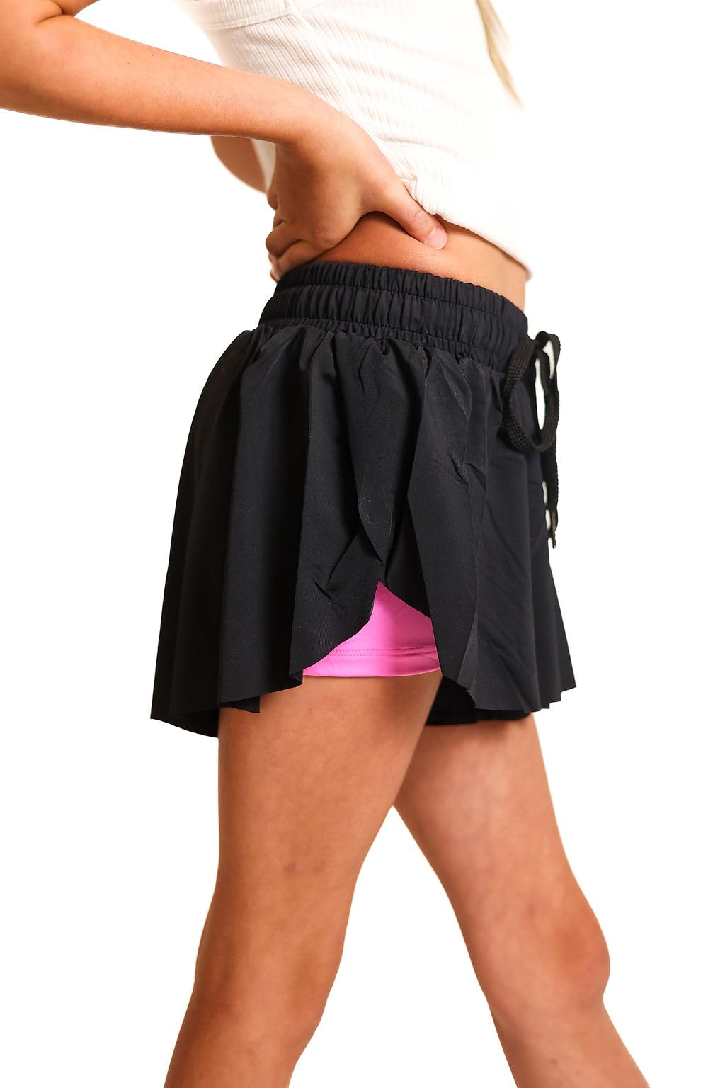 Youth Girls Flowy Athletic Shorts with Spandex Liner. Girls Butterfly Shorts for Fitness, Running, Sports and Leisure, Black & Pink, XL