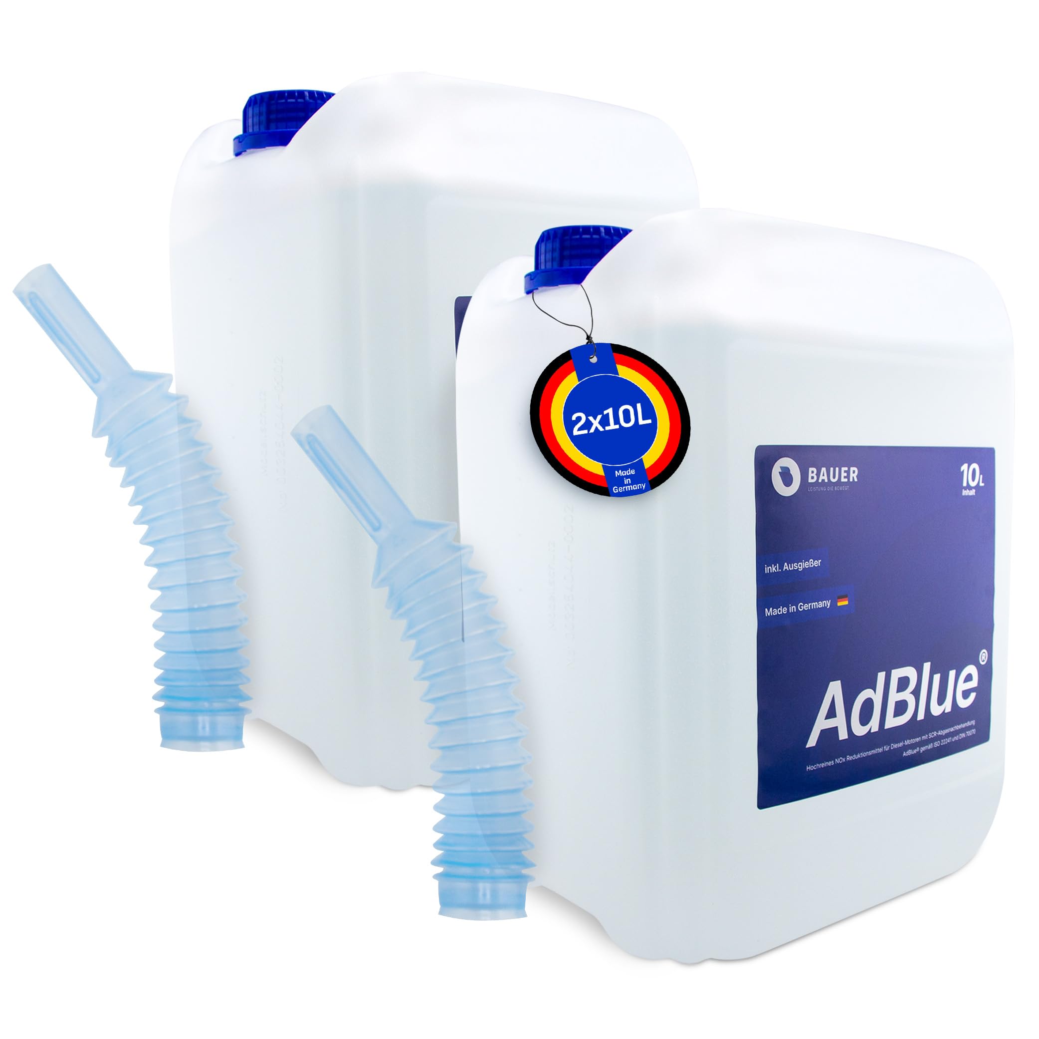 BAUER BLUE – Adblue – 2x10 Liter Kanister mit Flex-Ausgießer – für Diesel Motoren – Herstellung nach ISO 22241 – Premium Harnstofflösung – Made in Germany – Optimale SCR-Abgasnachbehandlung