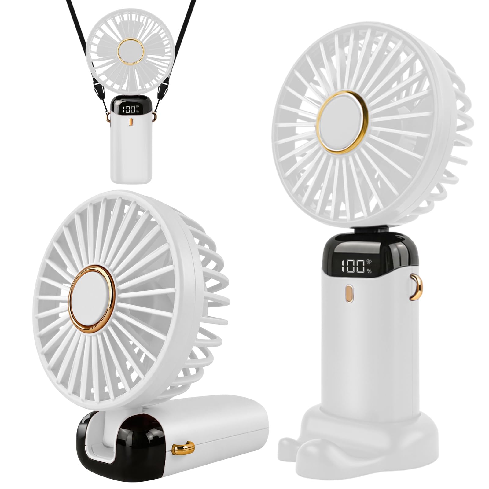 Jsdoin Ventilador de mano portátil, 5 velocidades recargable por USB,funciona con pilas, ventilador plegable de escritorio con pantalla LED para el hogar,oficina,dormitorio,viajes al aire (Blanco) ClimeCo Certified