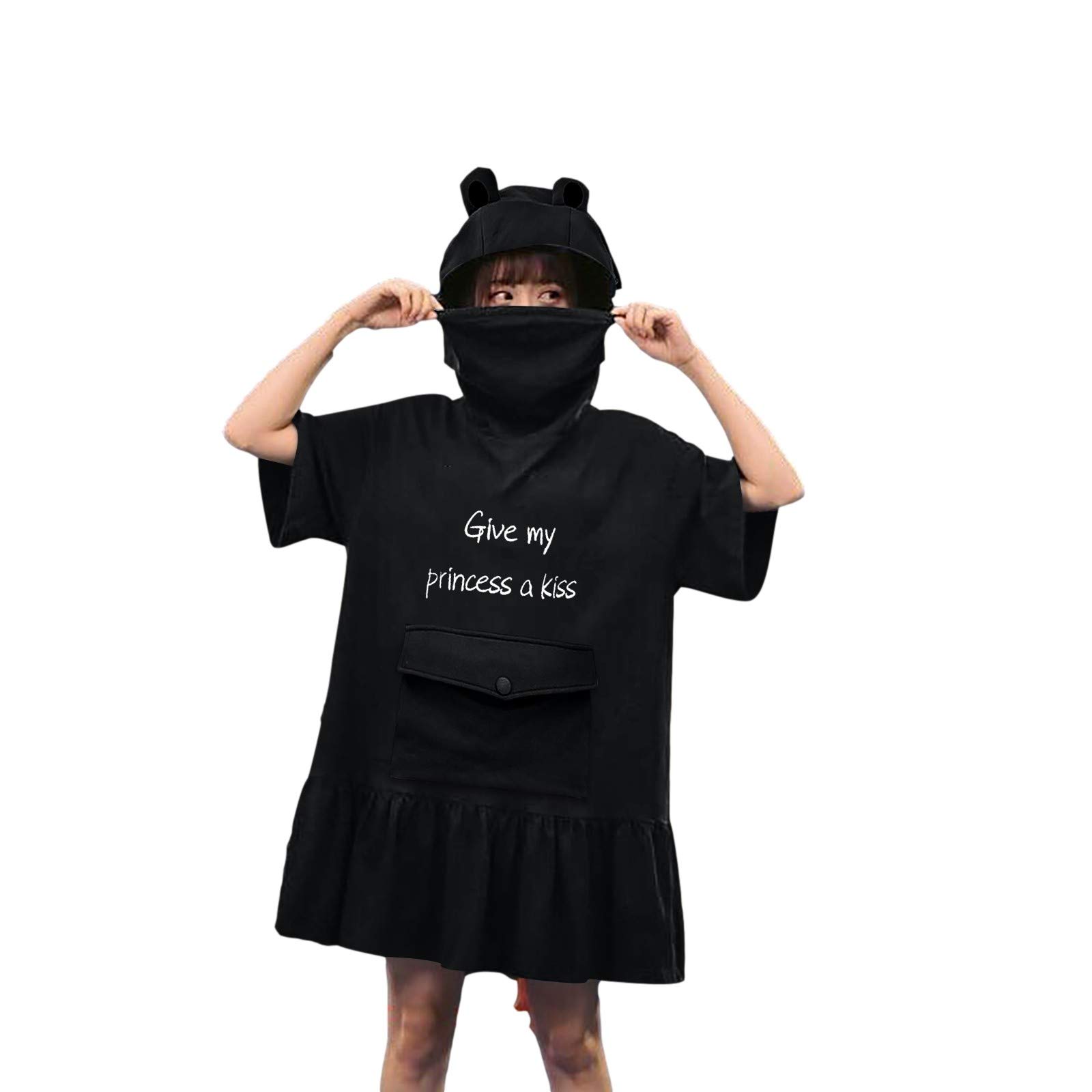 Women's Jumper Dress Girls Short Sleeve Tunic Sweatshirt Dress Loose Jumper  Pullover Casual T-Shirt Dress Cute Chic Frog Hoodie with Big Pockets