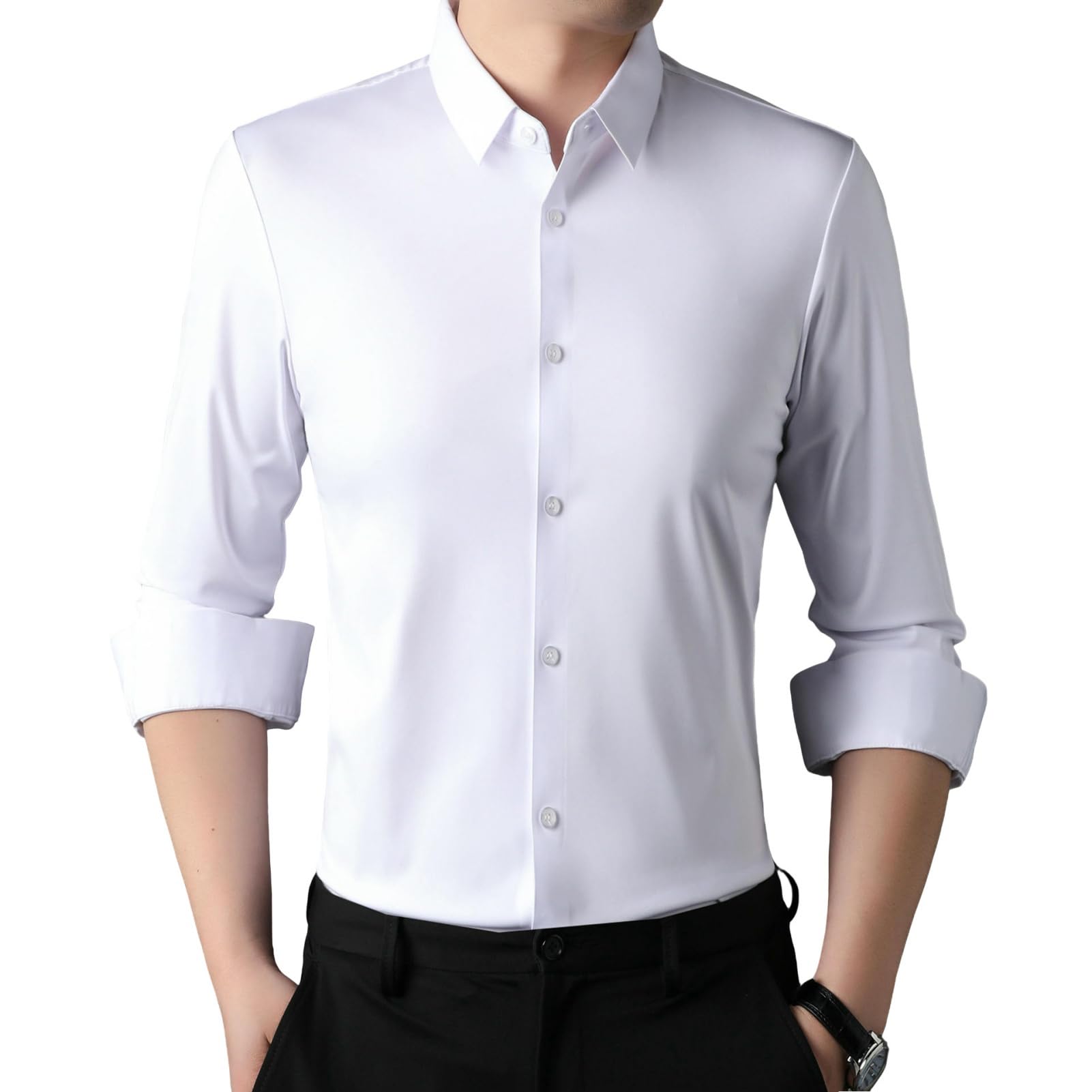 Herren Einfarbiges Langarm Nahtloses Knitterfreies Elastisches Atmungsaktives Business Casual Schmal Geschnittenes Weißes Hemd