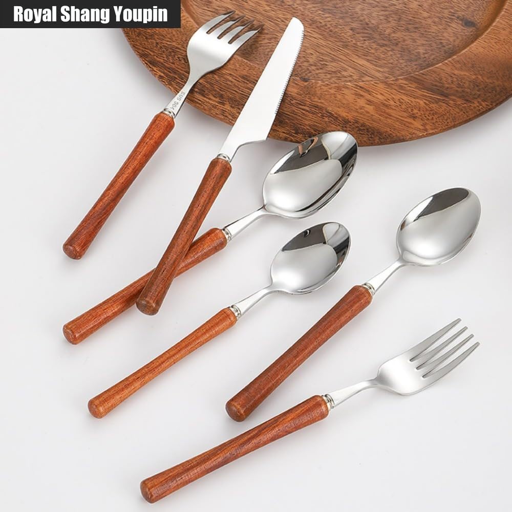 Manico in Pero Cucina Acciaio Inossidabile Posate Stoviglie Posate Coltelli Forchette Cucchiai Set Coltello Da Bistecca Cucchiaio Da Dessert (Palissandro,20 pezzi)