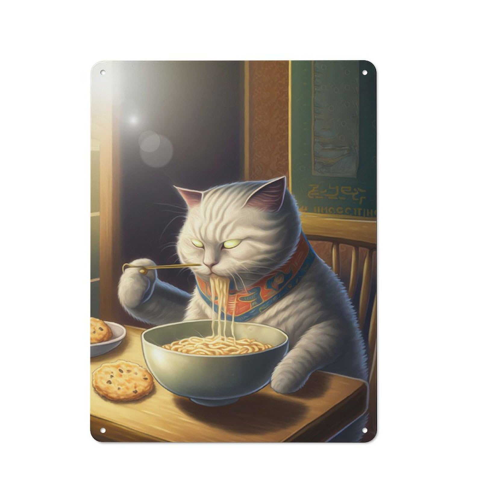Junmoney Funny Cat Eating Ramen Vintage Metal Sign 40X30cm, Bistro Style Shop Wall Decor For Cafe, Bistro, Bakery Or Restaurant