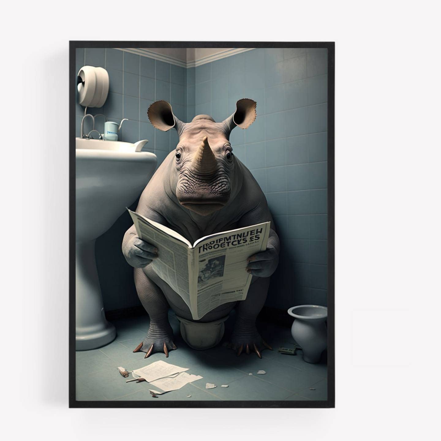 gfc Funny Bathroom Toilet animal Print Picture Poster rhino on a toilet reading newspaper A4 UNFRAMED wall art Home decor Decorating