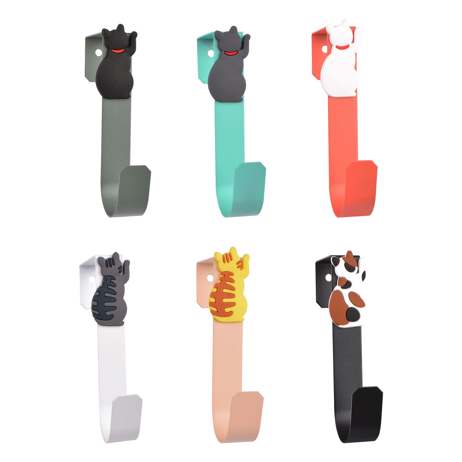 UFURMATE Over The Door Hooks, 6Pcs Metal Single Over Door Hooks Animal Decorative Over The Cabinet Cupboard Drawer Hooks for Hanging Towels, Clothes, Bags, Hats (Cat Decor)