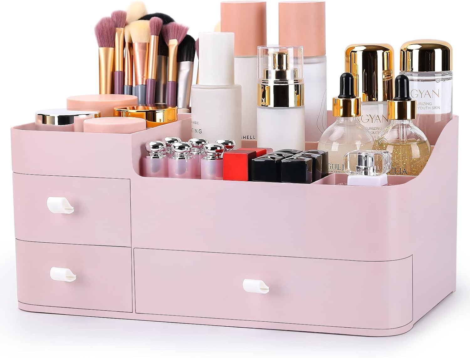 FALAHOM Makeup Organizer with Drawers,Large Capacity Countertop Organizer for Vanity,Bathroom and Bedroom Desk Cosmetics Organizer for Skin Care,Brushes, Eyeshadow, Lotions, Lipstick (Pink)