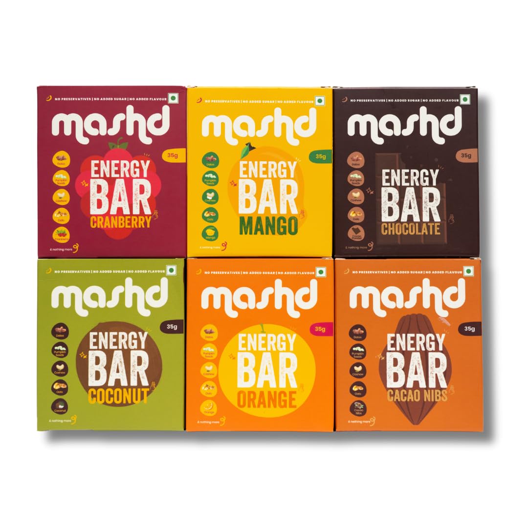 Mashd - Energy Bars - All in One Pack | Pack of 6 x 35g | 1 each of Cacao Nibs, Chocolate, Coconut, Cranberry, Mango, Orange | No added sugar | No added preservative | No added flavour | Healthy Wholesome Natural Snack (B0DGXDLHCW) Amazon Price History, Amazon Price Tracker