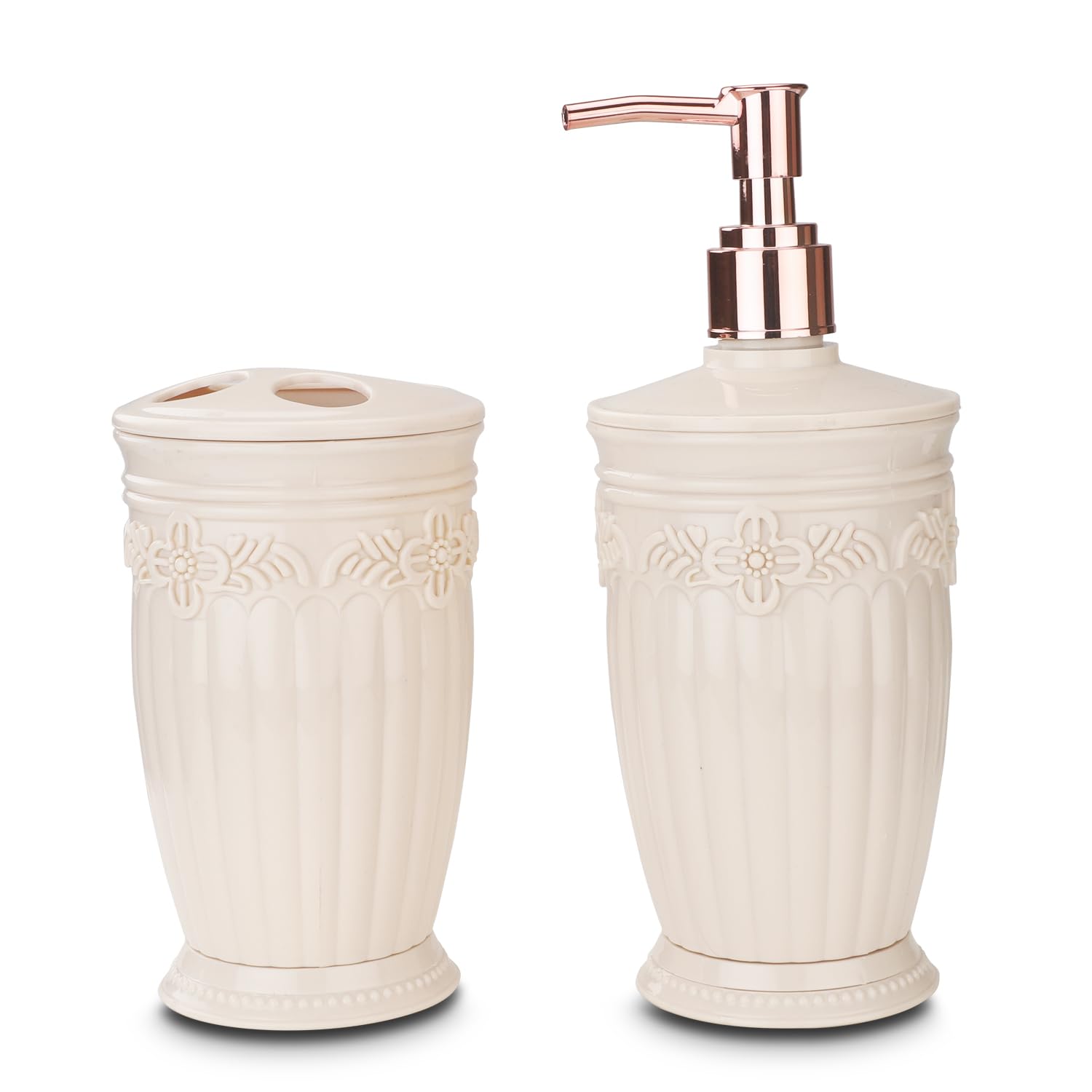 Nayasa Bianca Bathroom Set 2 Piece Plastic Bathroom Accessories Set, Soap Dispenser & Tooth Brush Holder Luxury Bathroom Set, for Home & Kitchen, Cream 2