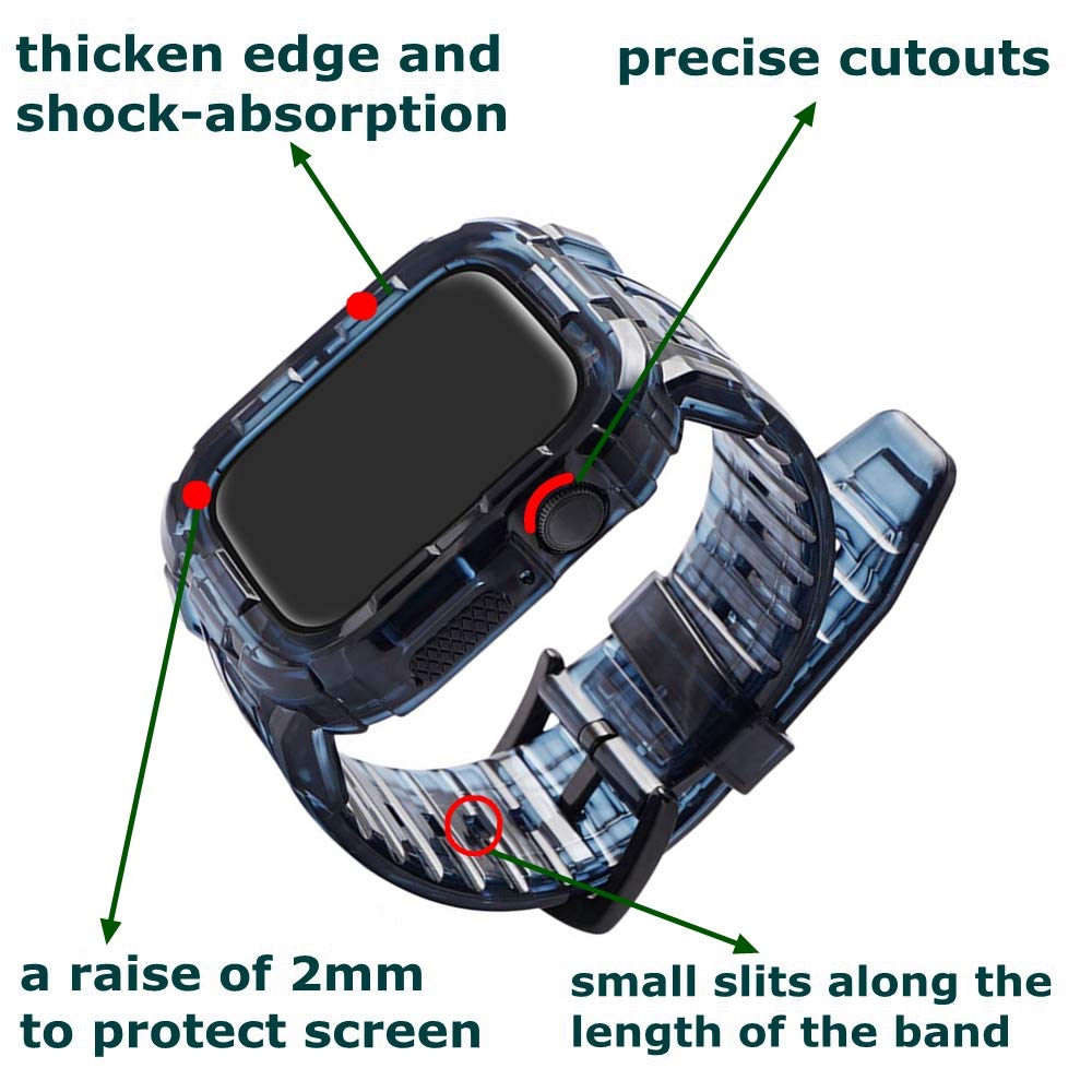 Tomcrazy Updated Large Wrists Transparent Integrated Watch Bands Case for Apple Watch Series 9 8 7 6 SE 5 4, iWatch45mm 41mm 44mm 40mm Clear Watch Strap Bumper (Crystal Royal blue, 45mm/44mm/42mm)