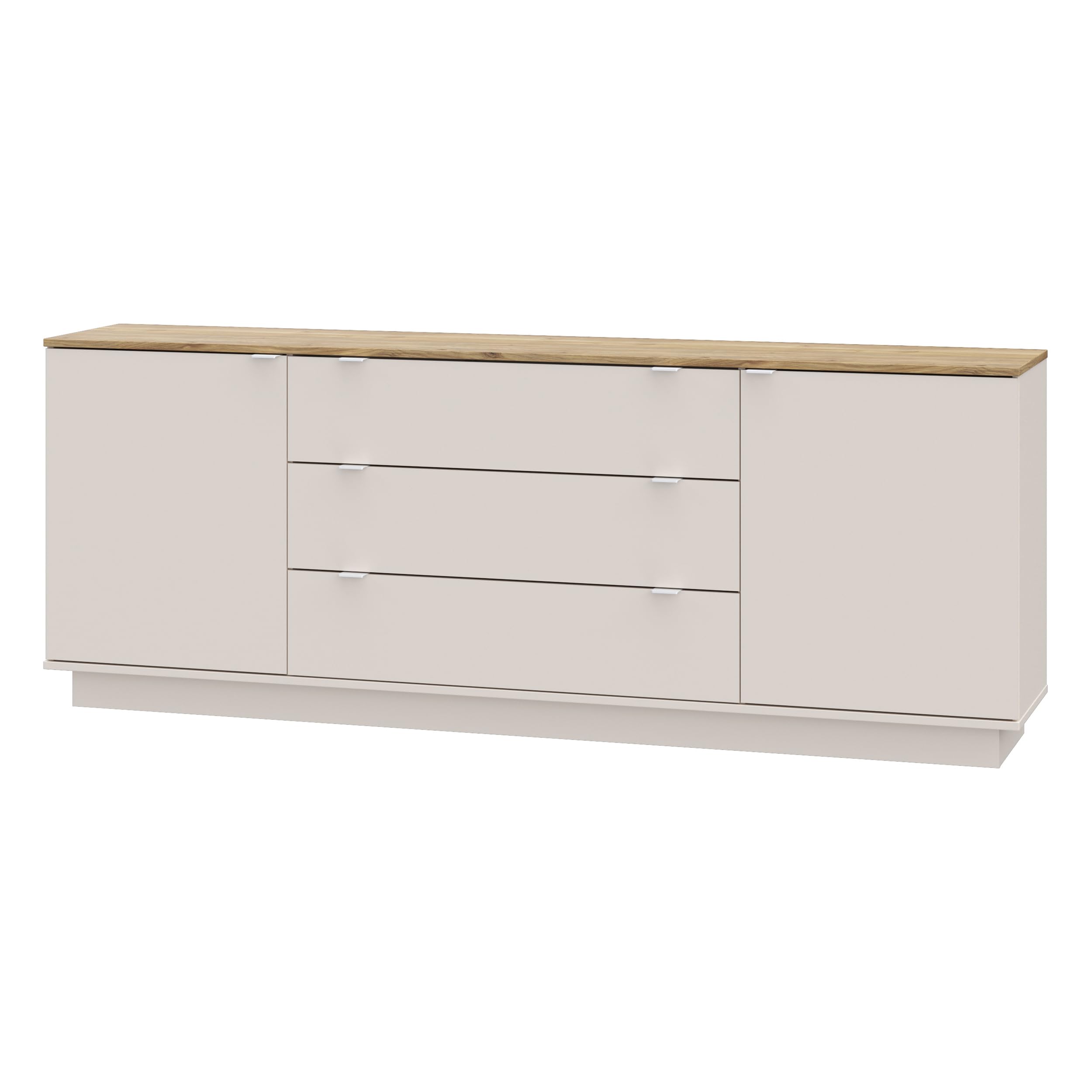 Forte GANYMEDE Sideboard 230, minimalistisches Sideboard, 2-türig, 3 Schubladen, Holzwerkstoff, Wohn-/Schlafzimmer, Mauvella Eiche Holzdekor|Kaschmirbeige, 224,5 cm breit x 85,7 cm hoch x 41,3 cm tief