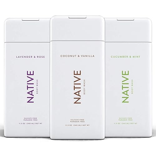 Native Gel de baño de 3 unidades – Gel de baño natural para mujeres y hombres – sin SLS ni parabenos – Pepino y menta, coco y vainilla, lavanda y