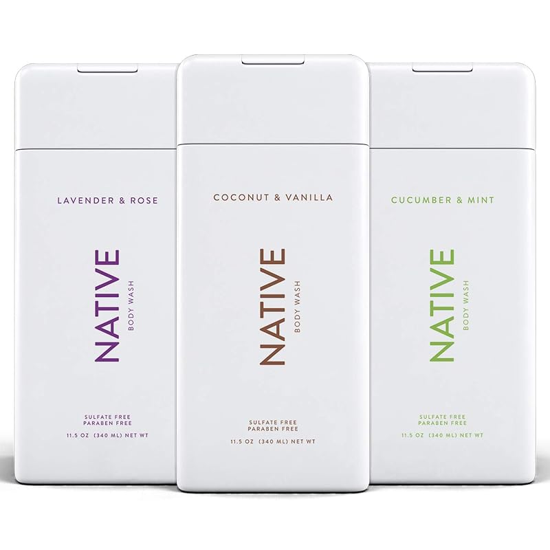 Native Sabonete líquido corporal, pacote com 3 fragrâncias: Cucumber & Mint, Coconut & Vanilla e Lavender & Rose