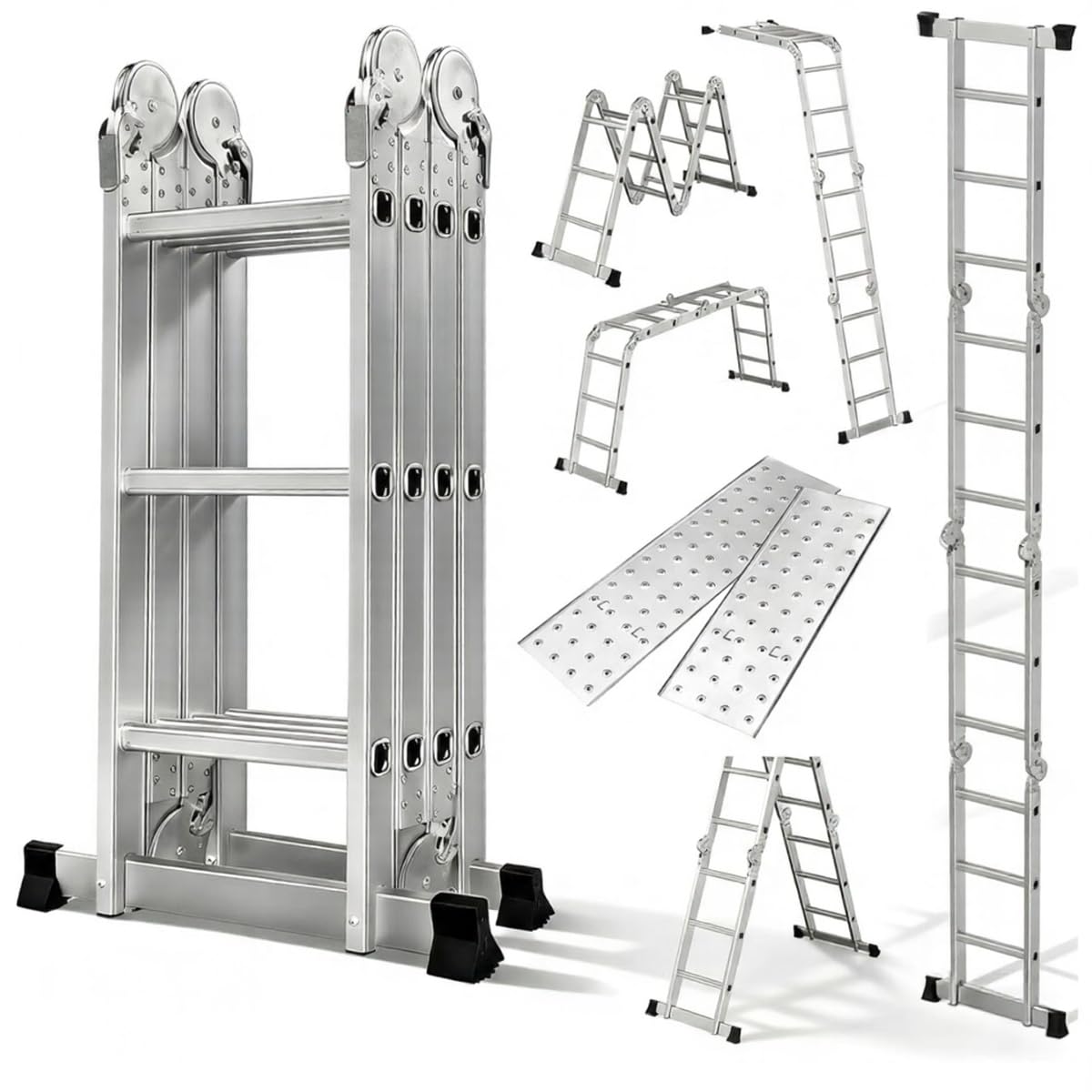 BTF Escalera de Aluminio Multifuncional 5 en 1 con 2 Placas Metálicas | Escalera Plegable Que Forma Andamio a 90,5 cm del Suelo, Carga de 150 kg, Ref.: BTF-MUP34