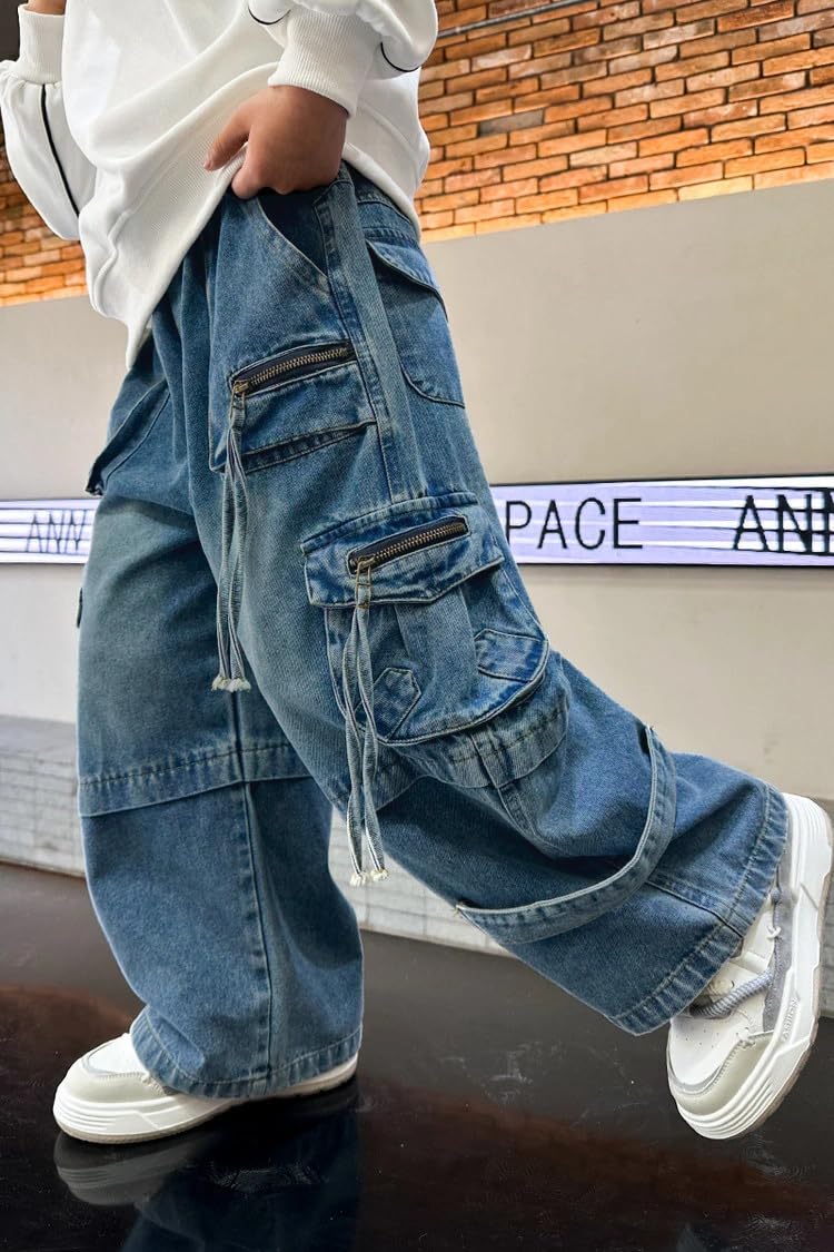 JiAmy Chłopięce spodnie dżinsowe, elastyczny ściągacz, Baggy Jeans chłopięce, szerokie nogawki, Y2k, dziecięce spodnie cargo, bawełna, spodnie dżinsowe dla chłopców i dziewczynek, 120-160 (5-14 lat)