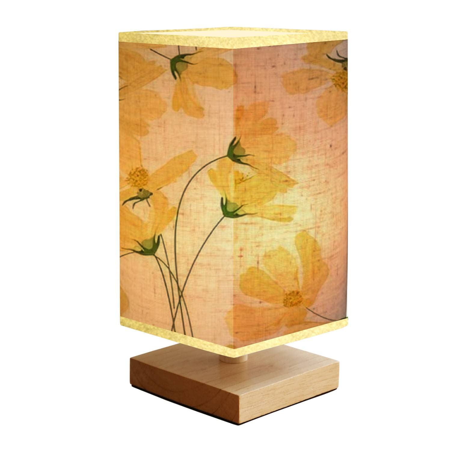 Bedside Lamps Yellow Pastel Blooming Flowers cosmey Realistic Isolated Seamless Reading Nightstand Lamp, Minimalist Wood Base Rectangular Fabric Shade Table Lamp for Bedroom Living Room
