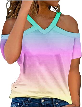 Womens V-Neck Blouses Sexy Off Shoulder Short Sleeve Tops Trendy Gradient Color Summer Casual Loose Tunic Shirt