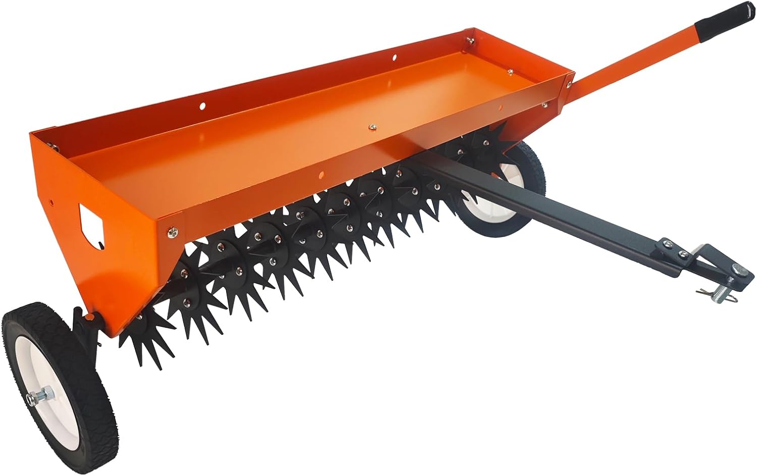 Tow Behind Aerator, 40" Tow Behind Spik Aerator with Transport Wheels, Steel Teeth, Tray, Pull Behind Aerator with Adjustable Handle for Farm, Lawn, Garden, Orange