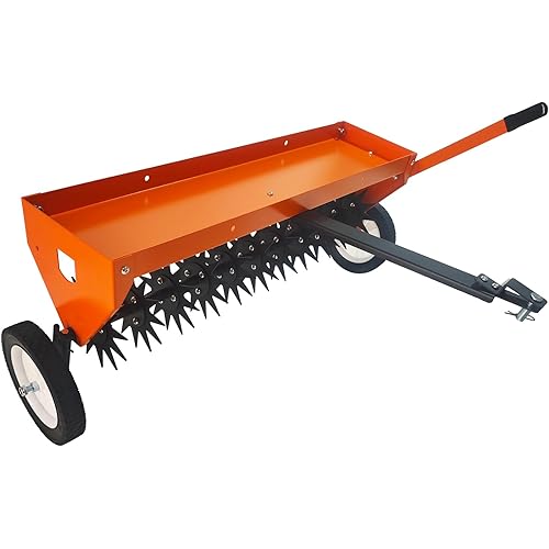 GarveeLife 40 in Tow Behind Aerator, Aerator Lawn Tool with Universal Hitch, Adjustable Handle, Transport Wheels, Lawn Aerator Compatible with Tractors for Garden, Farm and Lawn, Orange