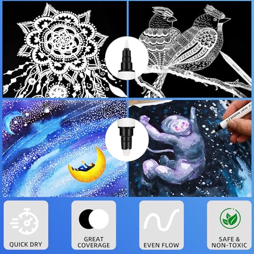 Image of GETHPEN White Pens Set, White Gel Pens, Dual-Tip Acrylic Paint Pen, 7 Pack | 06 /08 /10mm Opaque Gel Ink Pen Brush Tip Acrylic Markers for Drawing, Sketching, Illustration, Card Making, Bullet Journaling