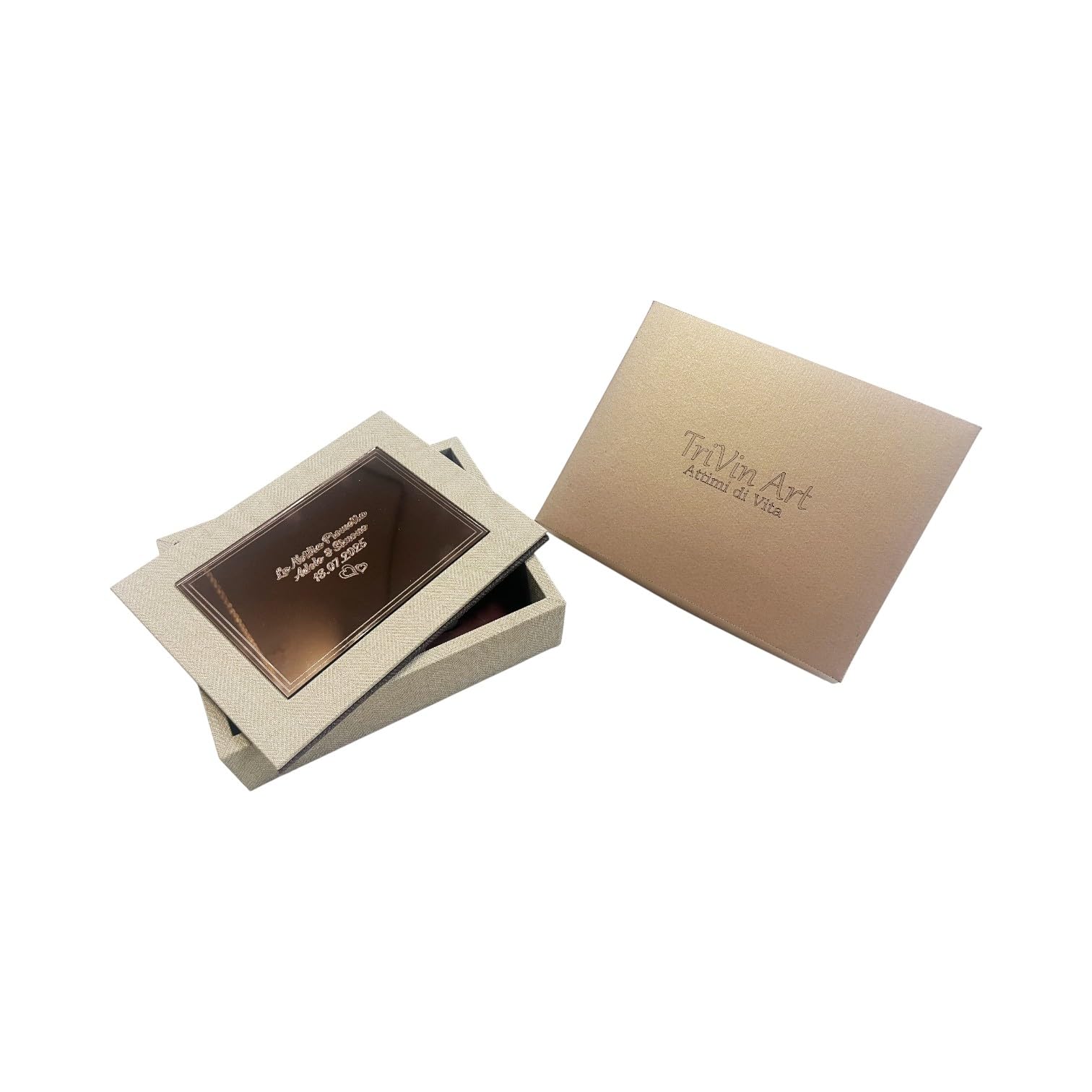 Caja portafotos - Box Mirror - cierre magnético, toda de madera recubierta con piel sintética, con placa de plexiglás espejo, personalizable con grabado, en varios formatos, idea de regalo, eventos