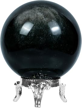 ZAICUS Silver Obsidian Sphere Ball with Metal Stand Gemstone Ball for Witchcraft and Decorative Balls Sculpture Figurine Home Decor Collection Gift Photography Crystal Sphere Decoration