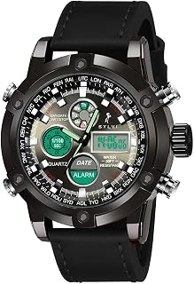 Sylvi Iconic Leather Strap Watches for Men with Analog Digital Display Alarm Stopwatch Water Resistant Watch