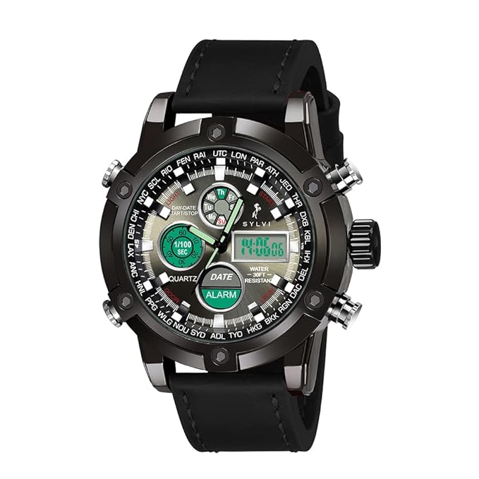 Sylvi Iconic Leather Strap Watches for Men with Analog Digital Display Alarm Stopwatch Water Resistant Watch