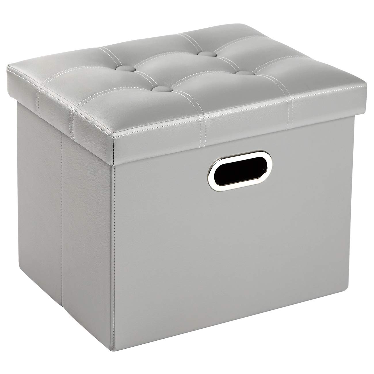 COSYLAND Storage Ottoman - Rectangle Leather Footrest Stool 17x13x13in - Folding Small Collapsible Bench With Handles and Lid - Foldable Organizer Gray