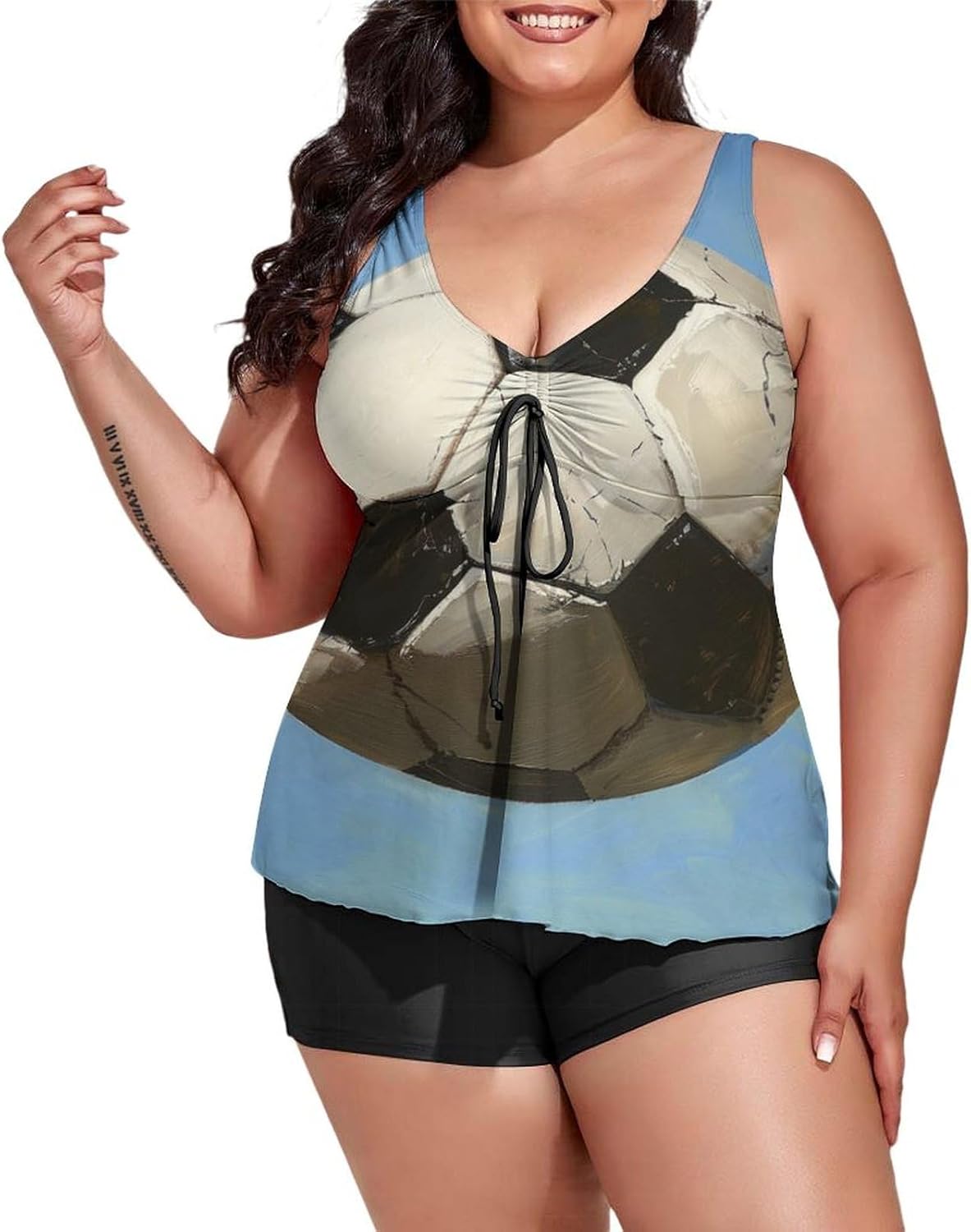 Womens Plus Size Tankini Swimsuit with Top/Boyshorts Symmetrical Geometric Pattern of Greek Key Green White Two Piece