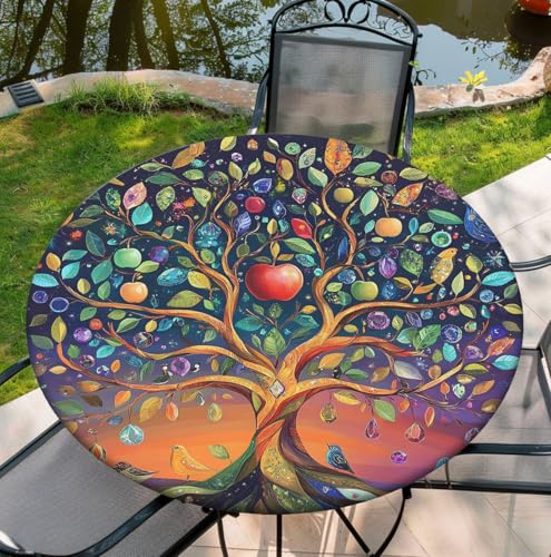 Yesad Round Fitted Tablecloth with Elastic, Waterproof Tablecloth for Kitchen Party Picnic, Tablecover for 38"-42" Table, 44Inch Tablecover, Life Tree by Yesad - Used condition - US$7.29