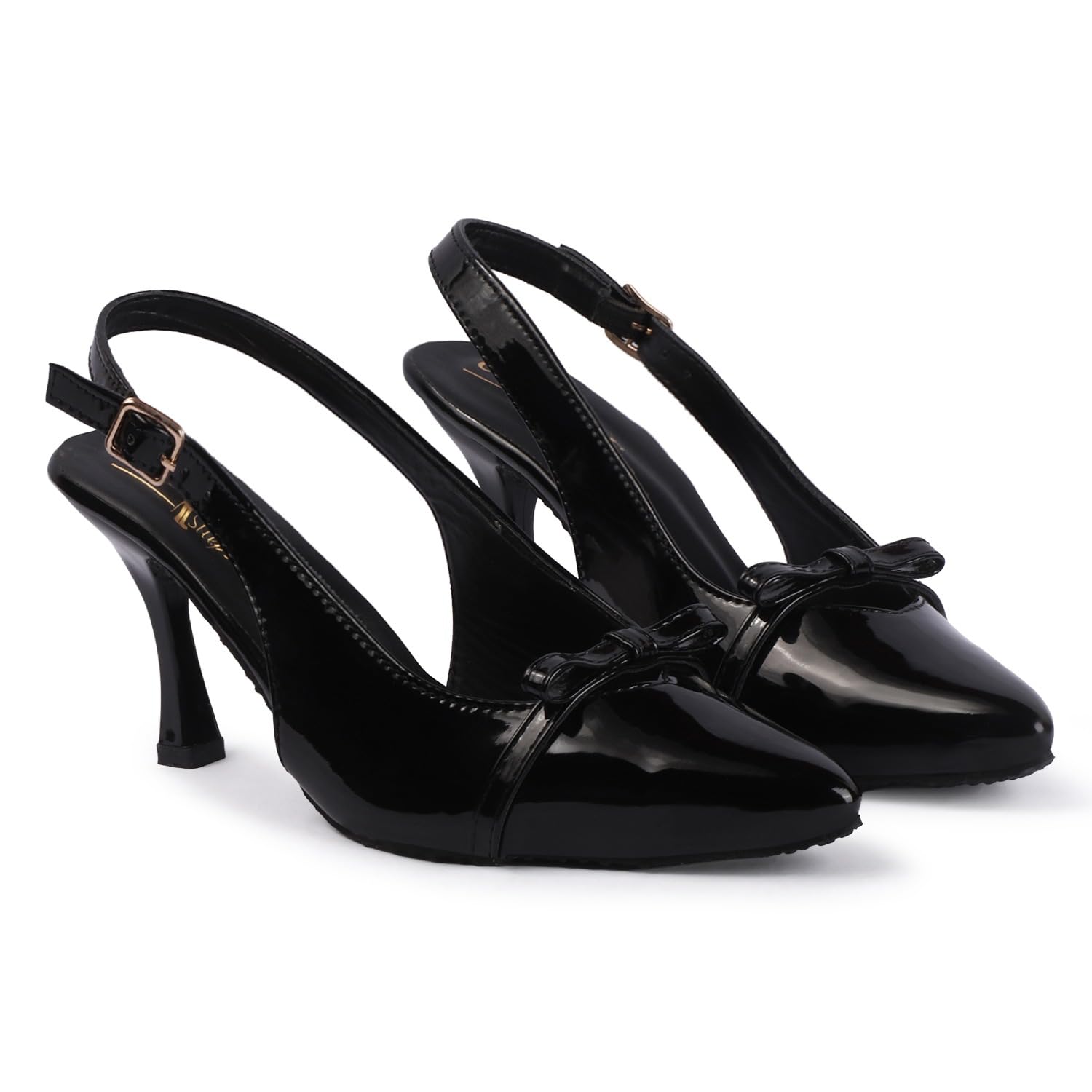 Women's Slingback Pointed Toe Pumps with Bow Detail | Patent Finish | Kitten Stiletto Heel | Elegant Party & Office Heels-image-37