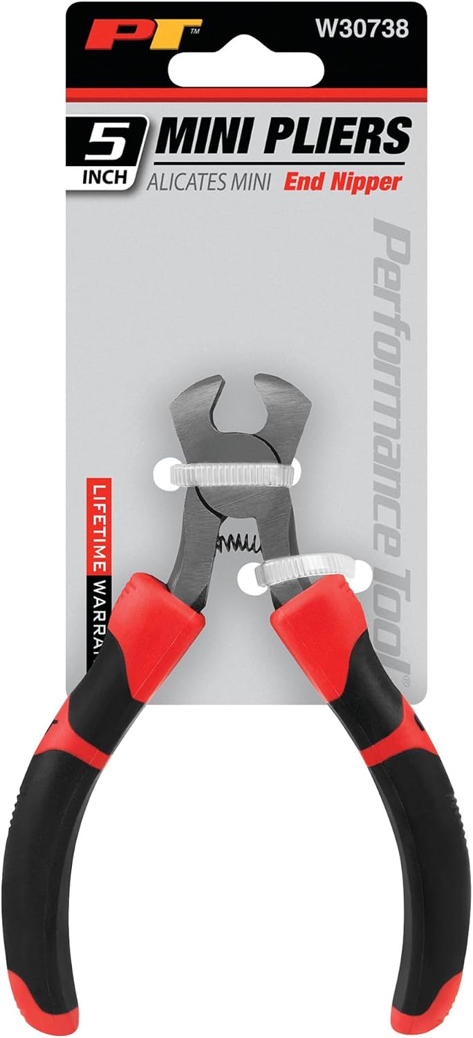 Performance Tool W30738 5 in. Mini End Nipper Pliers | Induction hardened precision cutting edges. Drop forged alloy steel. Ergonomic non-slip grips
